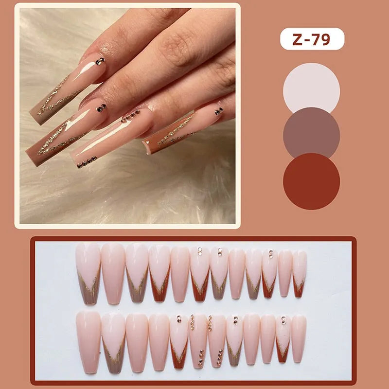 24pcs Pink Rose Design False Nail Patch Coffin Fake Nails Removable Long Paragraph Fashion Manicure Nail Art Press On Nail Tips-Nail Inspo