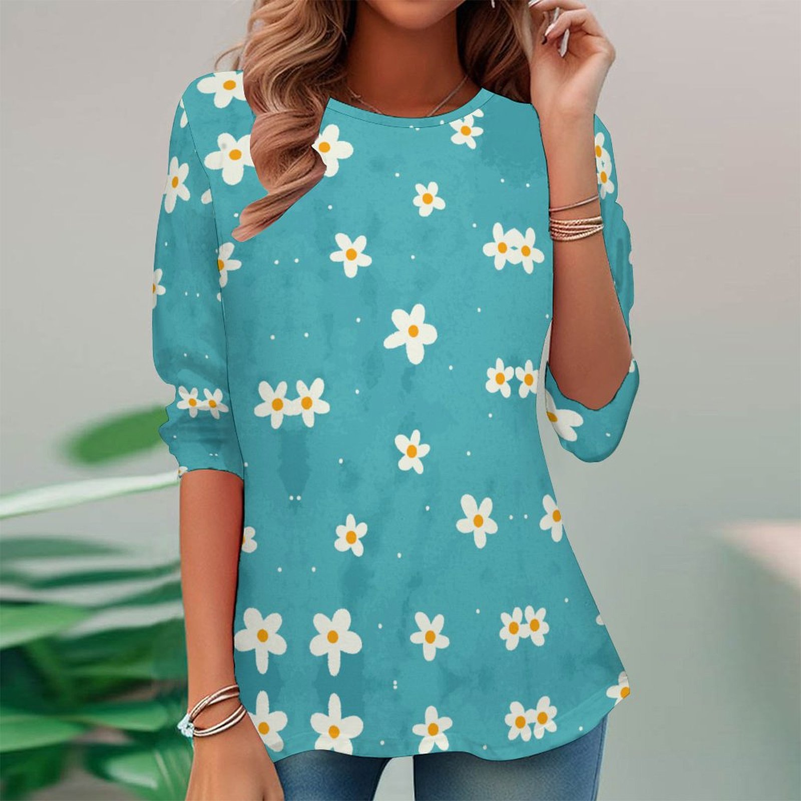 Women Long Sleeve V-neck Graphic Floral Printed Top