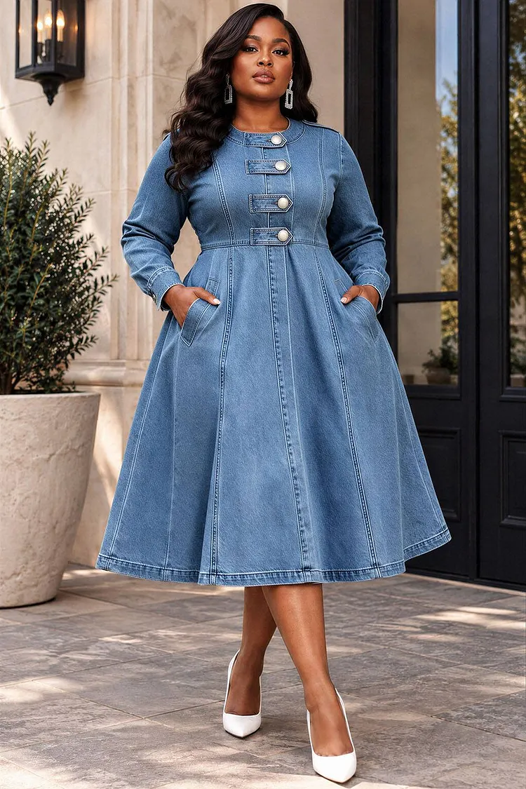 Xpluswear Design Plus Size Business Casual Light Blue Round Neck Long Sleeve Pocket Denim Midi Dresses [Pre-Order] 2024 - Xpluswear