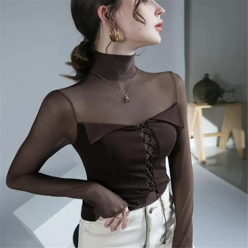 Mesh Stitching T-shirt Translucent Ladies Tees Stretch Retro Turtleneck Bottoming Top Bandage Jumpper Top  Female Tees