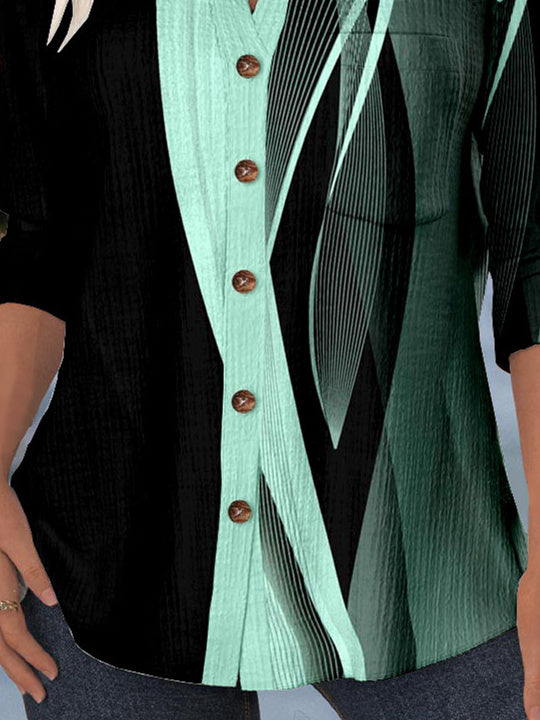 Women 3/4 Sleeve Shirt Collar Striped Printed Graphic Lace Button Pockets Tops