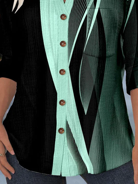 Women 3/4 Sleeve Shirt Collar Striped Printed Graphic Lace Button Pockets Tops