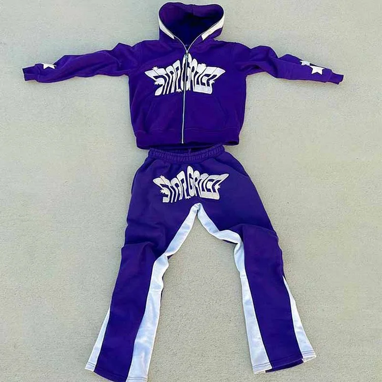 Star Letter Foam Printed Hooded Sweatshirt Hip Hop Loose Full Zip Up Hoodie at Hiphopee