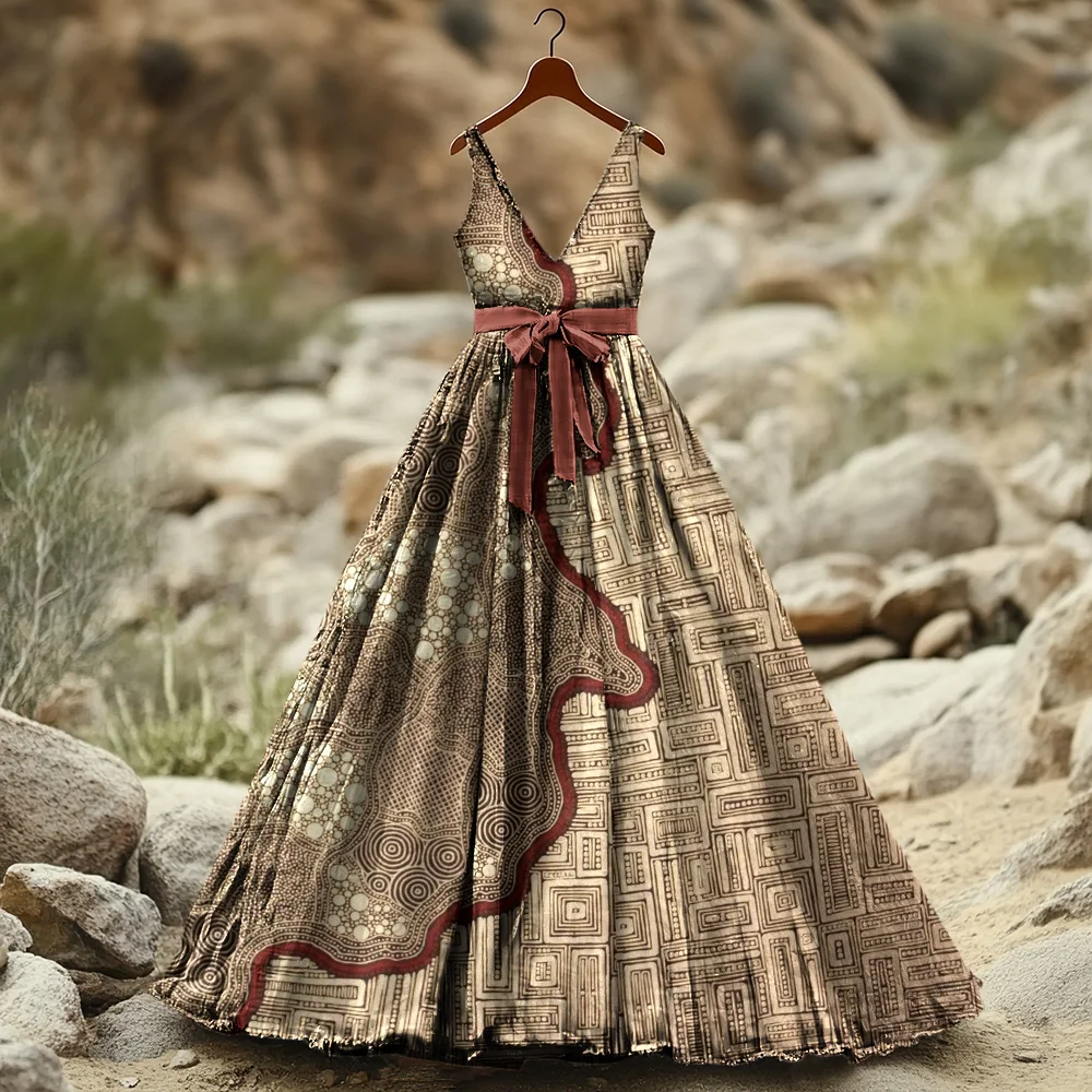 Women's Retro Juneteenth Irregular Geometric Art Print Maxi Dress