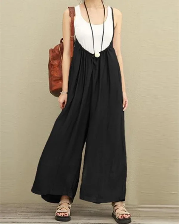 vintage strap pure color plus size jumpsuits p105680