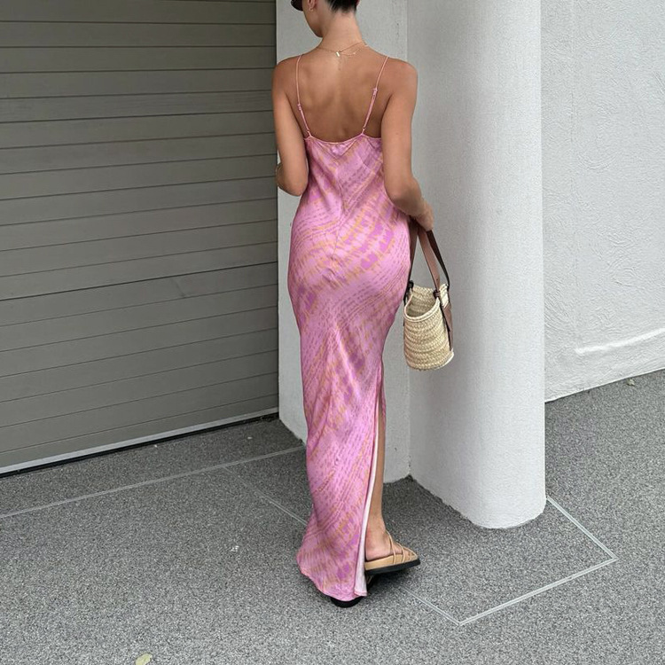 Ootddress Sexy Printed Contrast Maxi Dress Women's V-Neck Backless Side Split Fashion Slim Autumn Party Dress Female Clothes