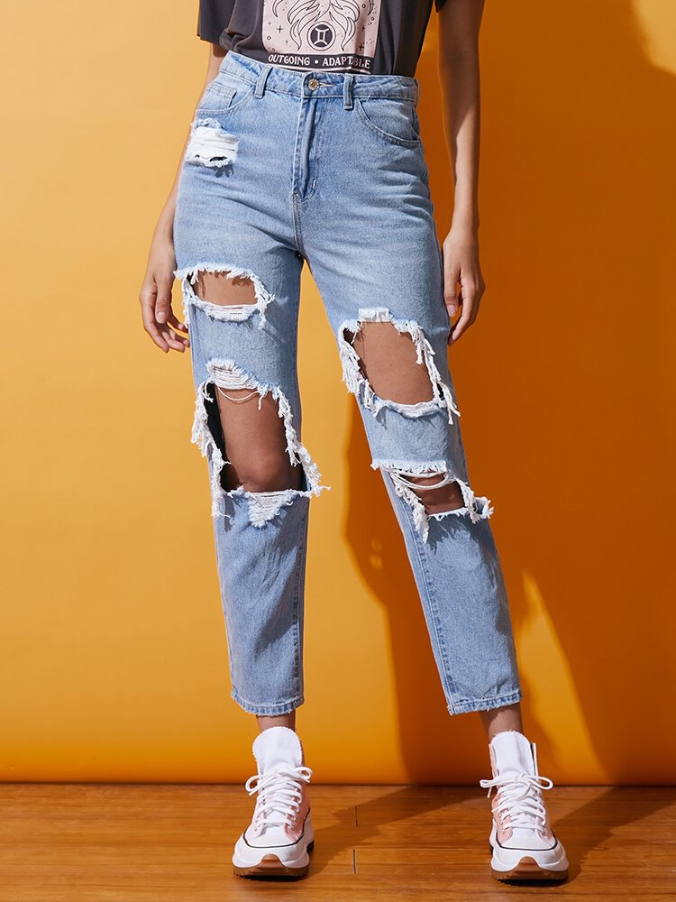 Ripped Pocket Zip Front Button Casual Denim Jeans