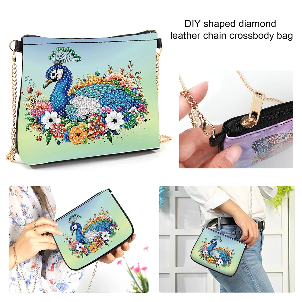 Flower Peacock Diamond Painting Coin Chain Purse 5D Diamond Handmade Chain Bag