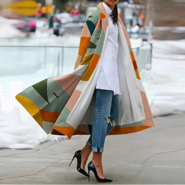 Fashion Color Block Stitching Lapel Coat