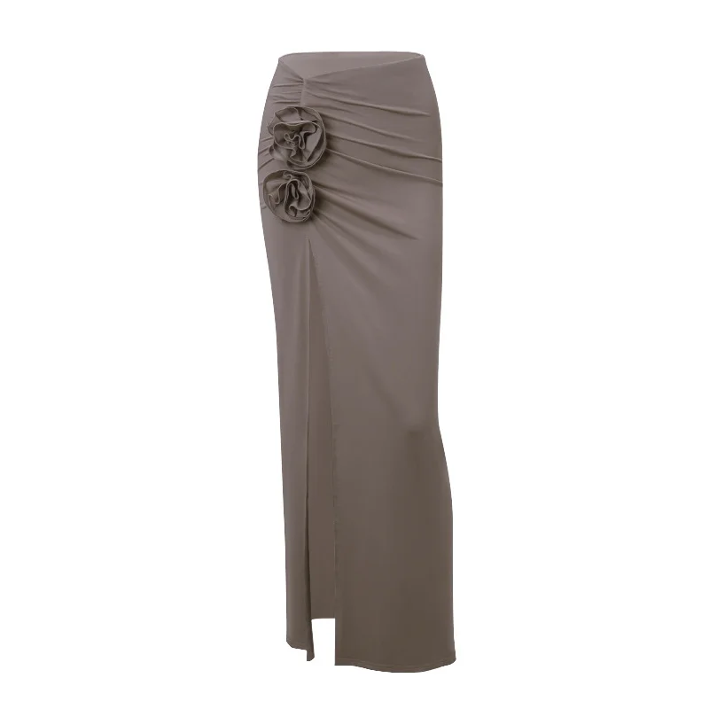 Mongw Mongw Women's Fall 2023 New French Temperament High Waist Slit Pleated Flowers Decorative Half Dress