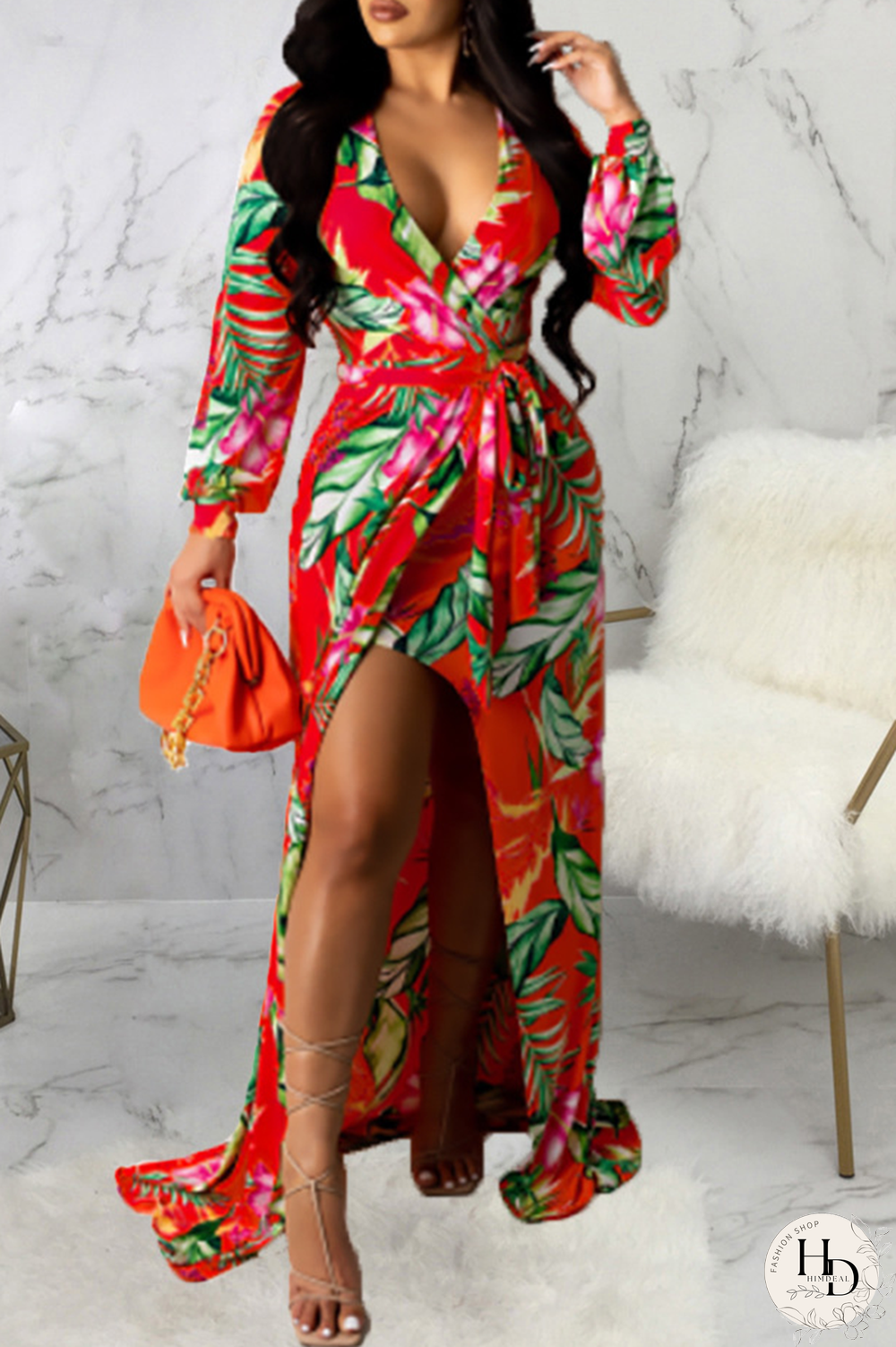 Yellow Sexy Print Split Joint V Neck Irregular Dress Dresses