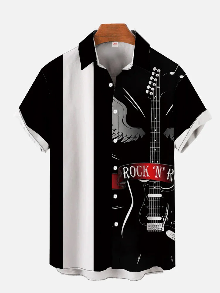 Vintage Black And White Stitching Black Acoustic Guitar Printing Men's Short Sleeve Shirt