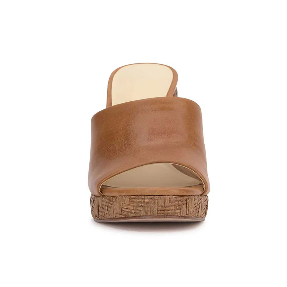 Women's Brown Vegan Leather Open-Toe Woven Block Heel Platform Mules