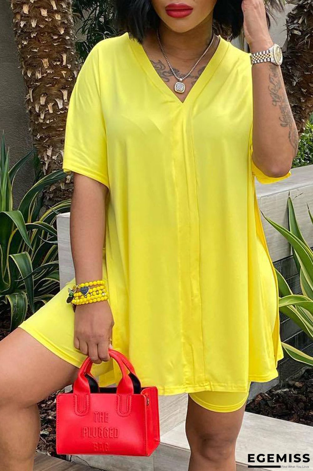 Yellow Casual Solid Patchwork V Neck Short Sleeve Two Pieces | EGEMISS