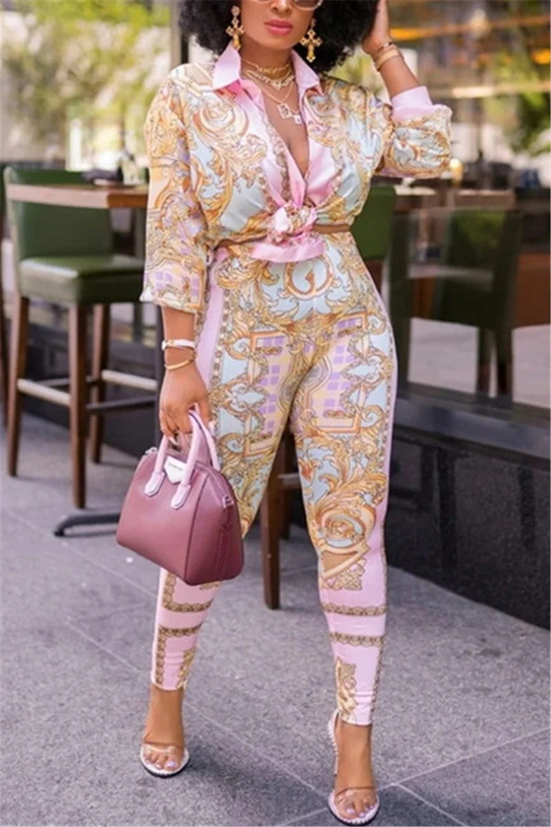 Fashion Casual Long Sleeve Turndown Collar Regular Sleeve Regular Print Two Pieces