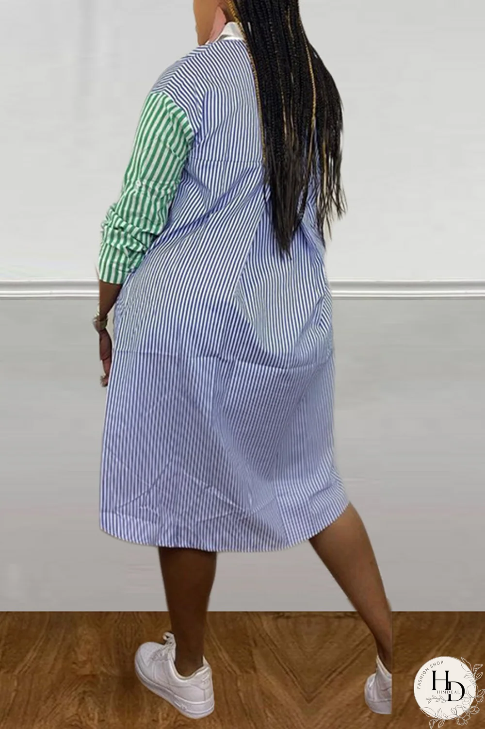 Blue Casual Striped Split Joint Turndown Collar Shirt Dress Dresses