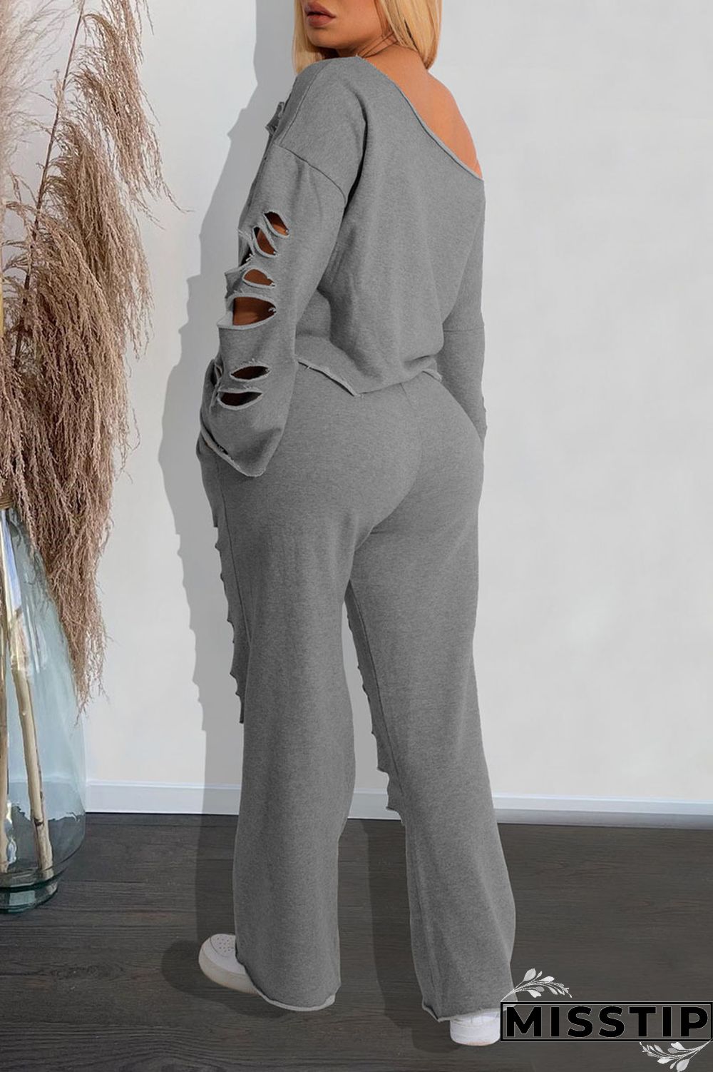 Yellow Casual Street Solid Ripped Hollowed Out Patchwork Oblique Collar Long Sleeve Two Pieces