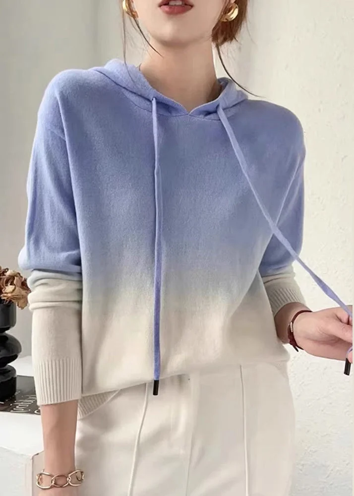 New Blue Gradient Color Hooded Patchwork Wool Knit Sweaters Fall
