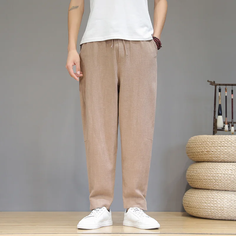 Toloer Vintage Plus Size Pants Men Cotton Linen Casual Pants Loose Plus Size Small Feet Harun Pants Solid Color Linen Trousers Men-Outfit Ideas