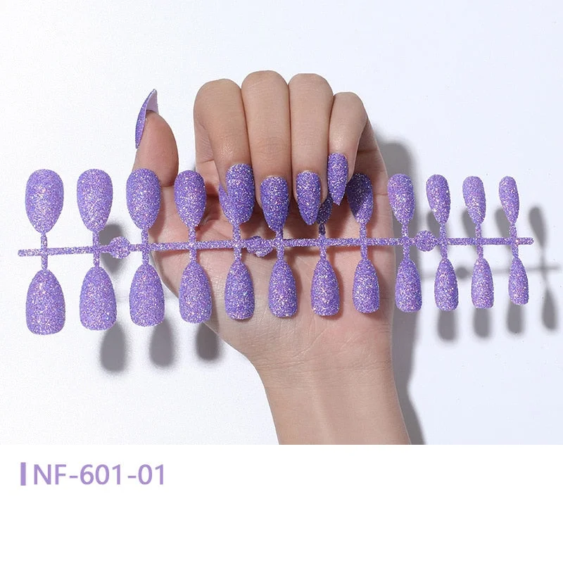 24pcs Solid Color Glitter Design Pointed False Nails European Press On Nail Tips Removable Glue Nail Tool Women Manicure