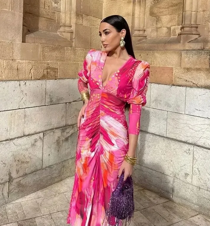 Nigikala Nigikala Women's Explosive Folded Print Long-Sleeved Dress With Thin Fashion Temperament