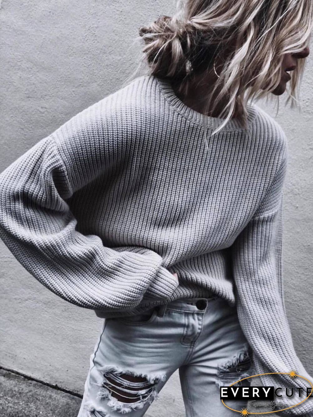 Plain Spring Elegant Acrylic Crew Neck Mid-weight Daily Loose Regular Sweater for Women