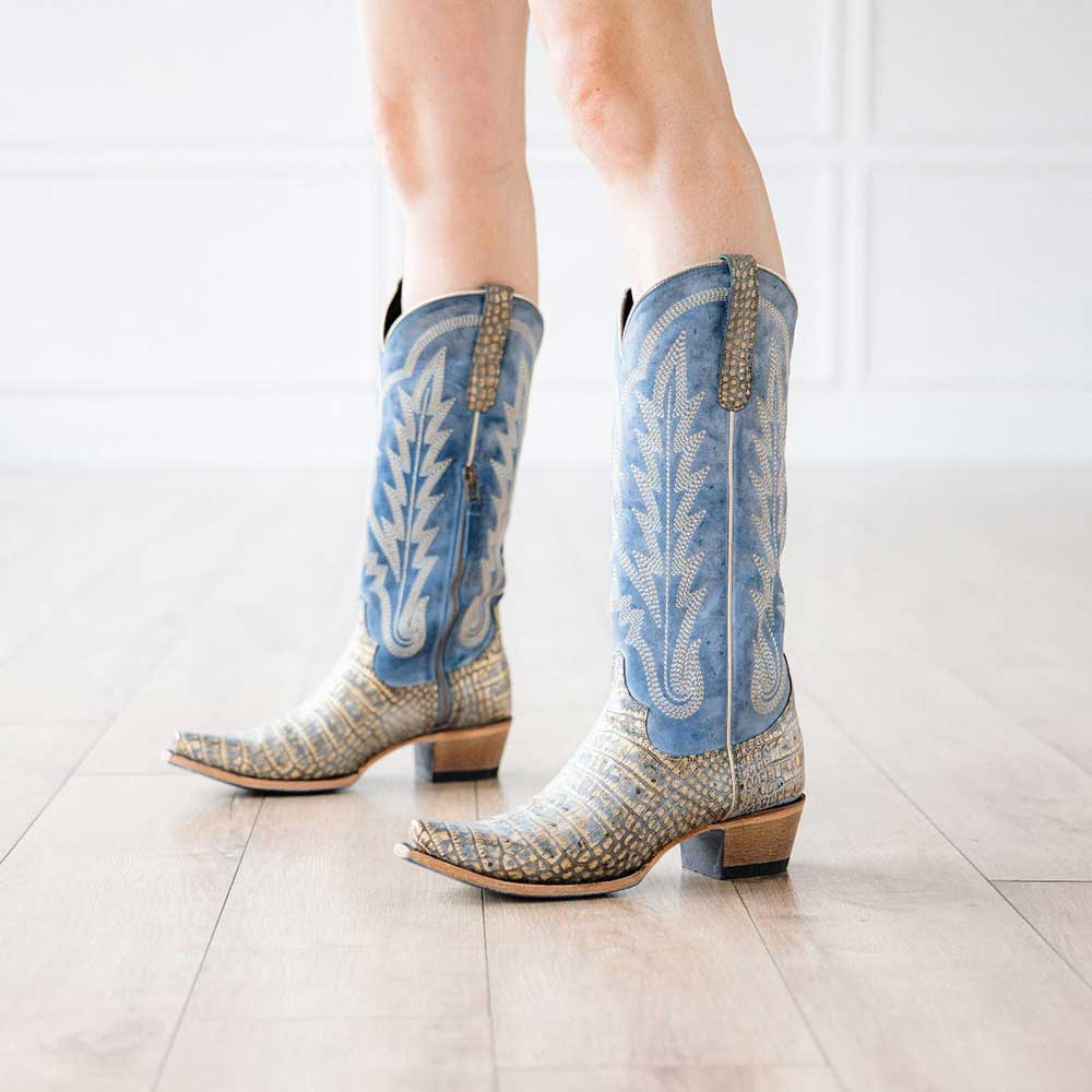 Blue & Gold Croco-Embossed Snip Toe Embroidered Knee Cowgirl Boots