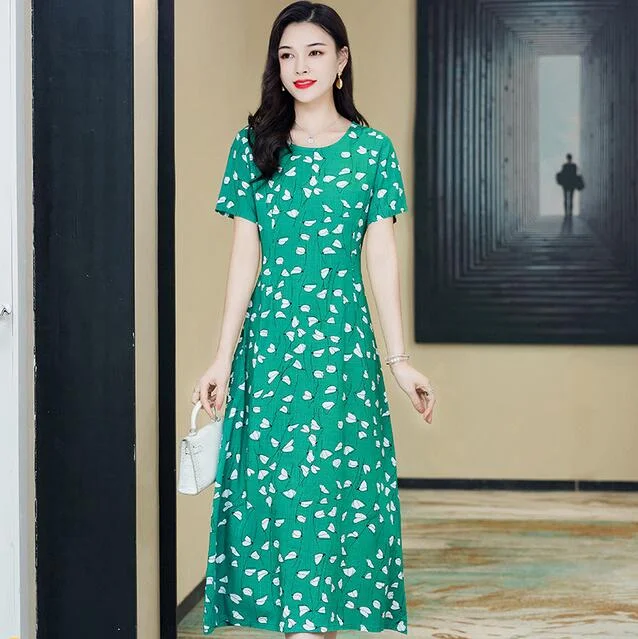 Women Summer Dress Plus Size 5XL Loose Middle-aged Mother Casual Short Sleeve Long Dress O-Neck Floral Print Cotton Dresses