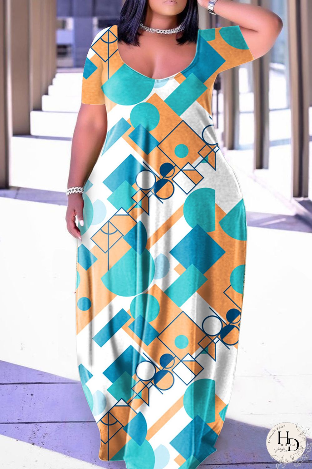 Apricot Casual Print Basic V Neck Short Sleeve Dress Plus Size Dresses