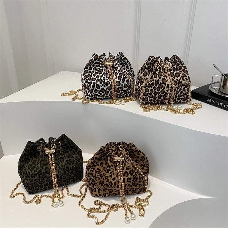 Women's Cloth Leopard Basic Vintage Style Bucket String Shoulder Bag Crossbody Bag