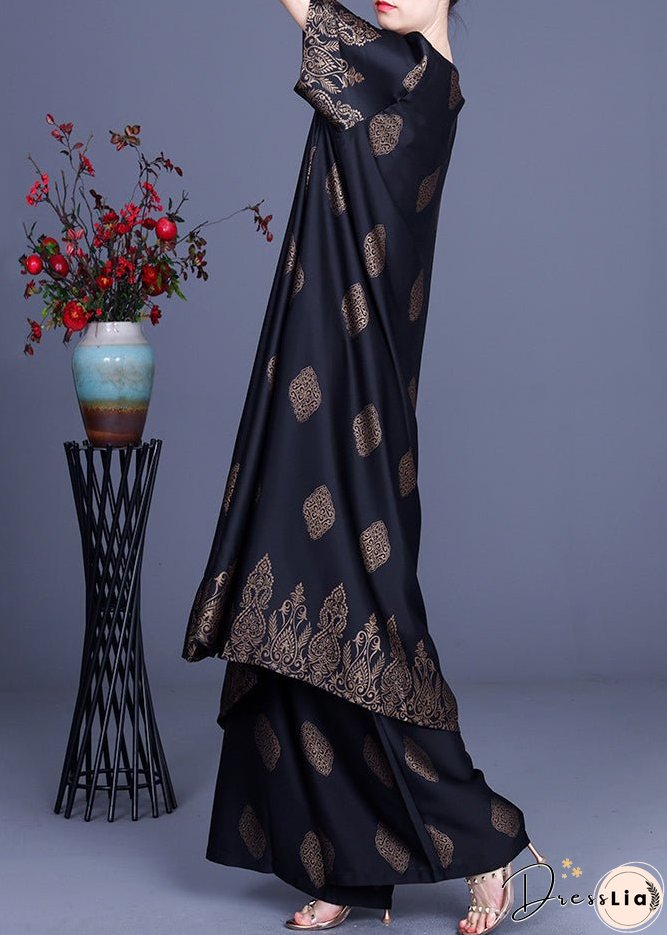 Vintage Black Side Open V Neck Silk Long Top And Pants Two Piece Set Outfits Summer