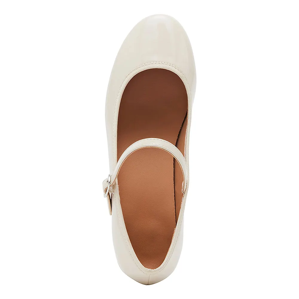 Patent Leather Block Low Heel Buckle Ivory Women Mary Jane Shoes