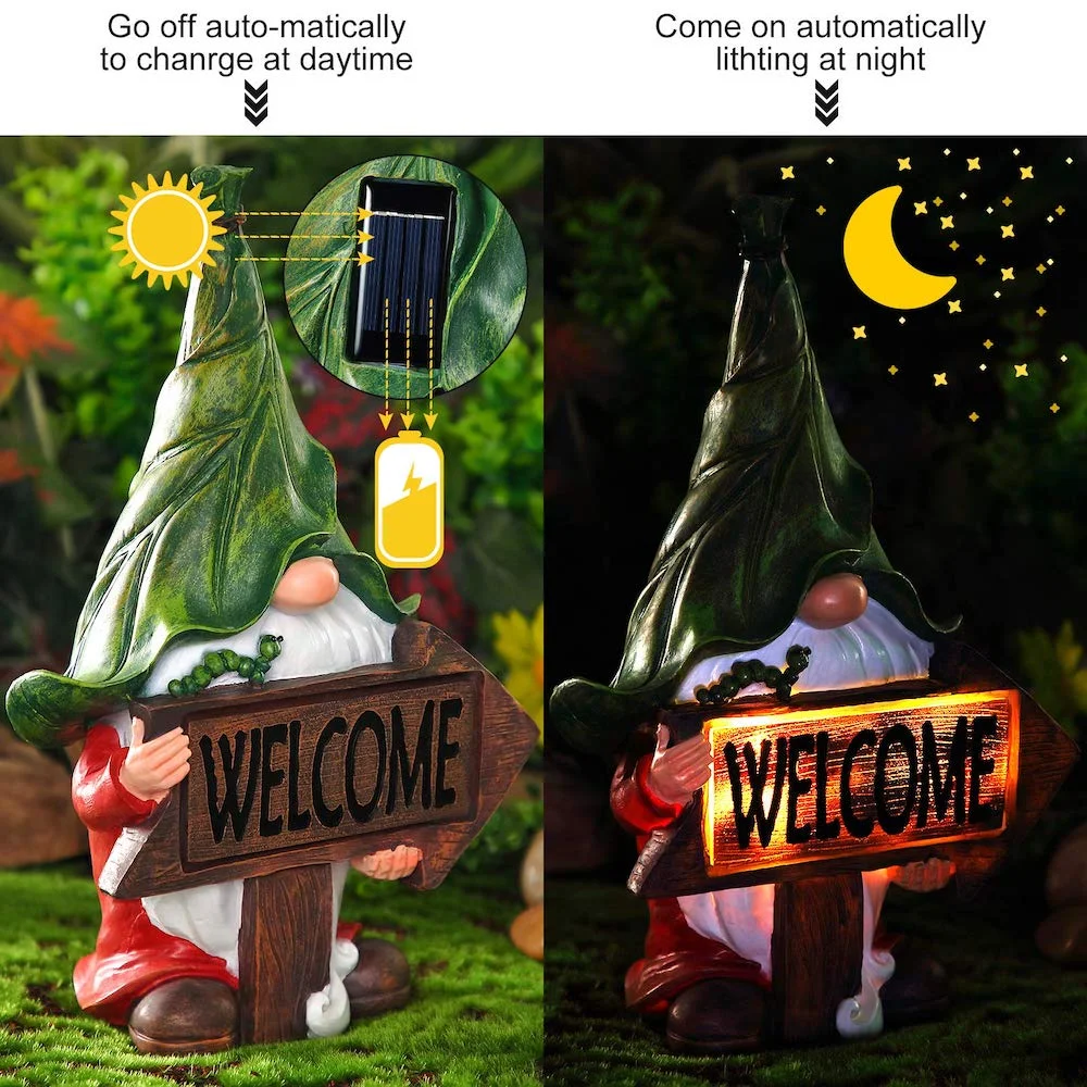 Gnome Statue Holding Welcome Sign with Solar LED Lights
