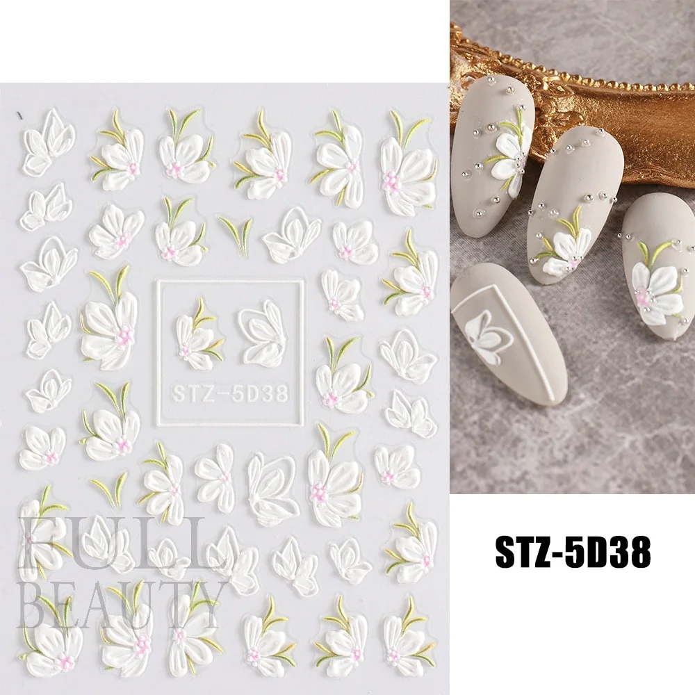 Churchf Nail Stickers Flowers Geometric Lines Decor Acrylic Embossed Sliders Gold Frame Nail Decals Cherry Blossom Manicure GLJI-5D05-Nail Inspo