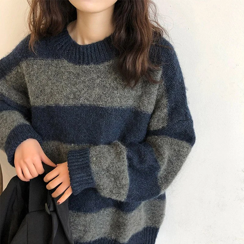 Autumn Striped Knitted Sweaters Women Vintage Loose Pullover Winter Casual Jumper Ladies Oversized Sweater Sueter Mujer 2022