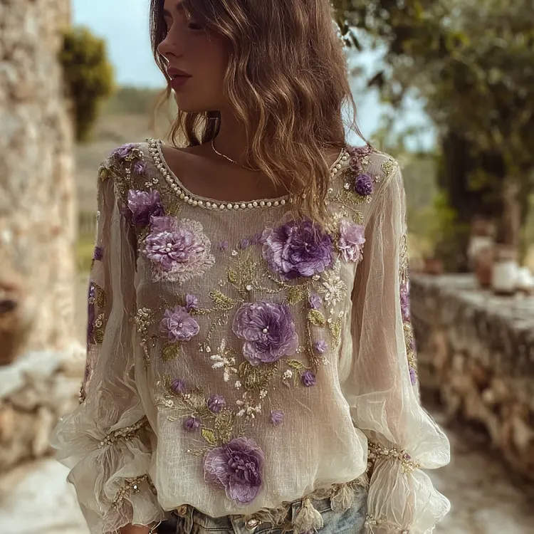 Women's Purple Flower Embroidery Art Print Round Neck Long Sleeve Linen Blend T-shirt