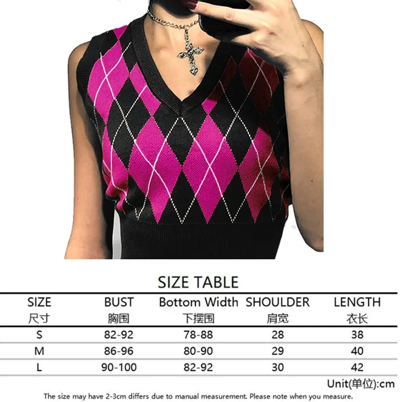 Argyle Sweater Vest Women  Black Sleeveless Plaid Knitted Crop Sweaters Casual Autumn Preppy Style 2020 tops V Neck Vintage