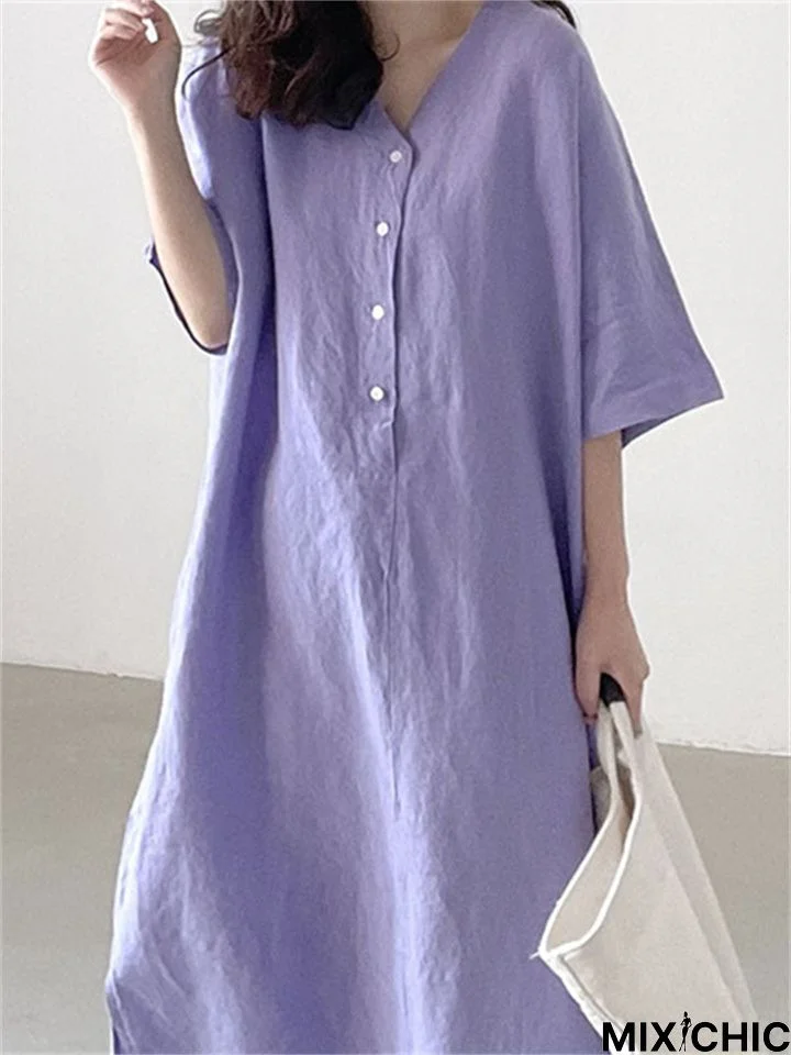 Simple Cotton Linen Dress Loose Short Sleeve Long Shirt Skirt