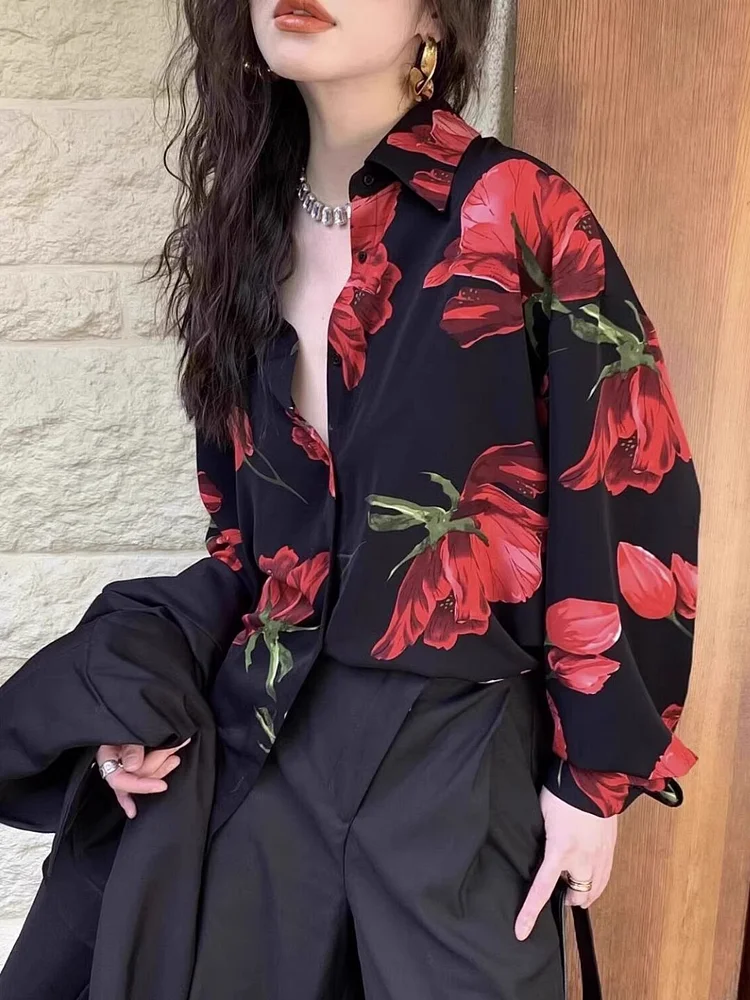 Rose Print Loose Short-sleeved Shirt