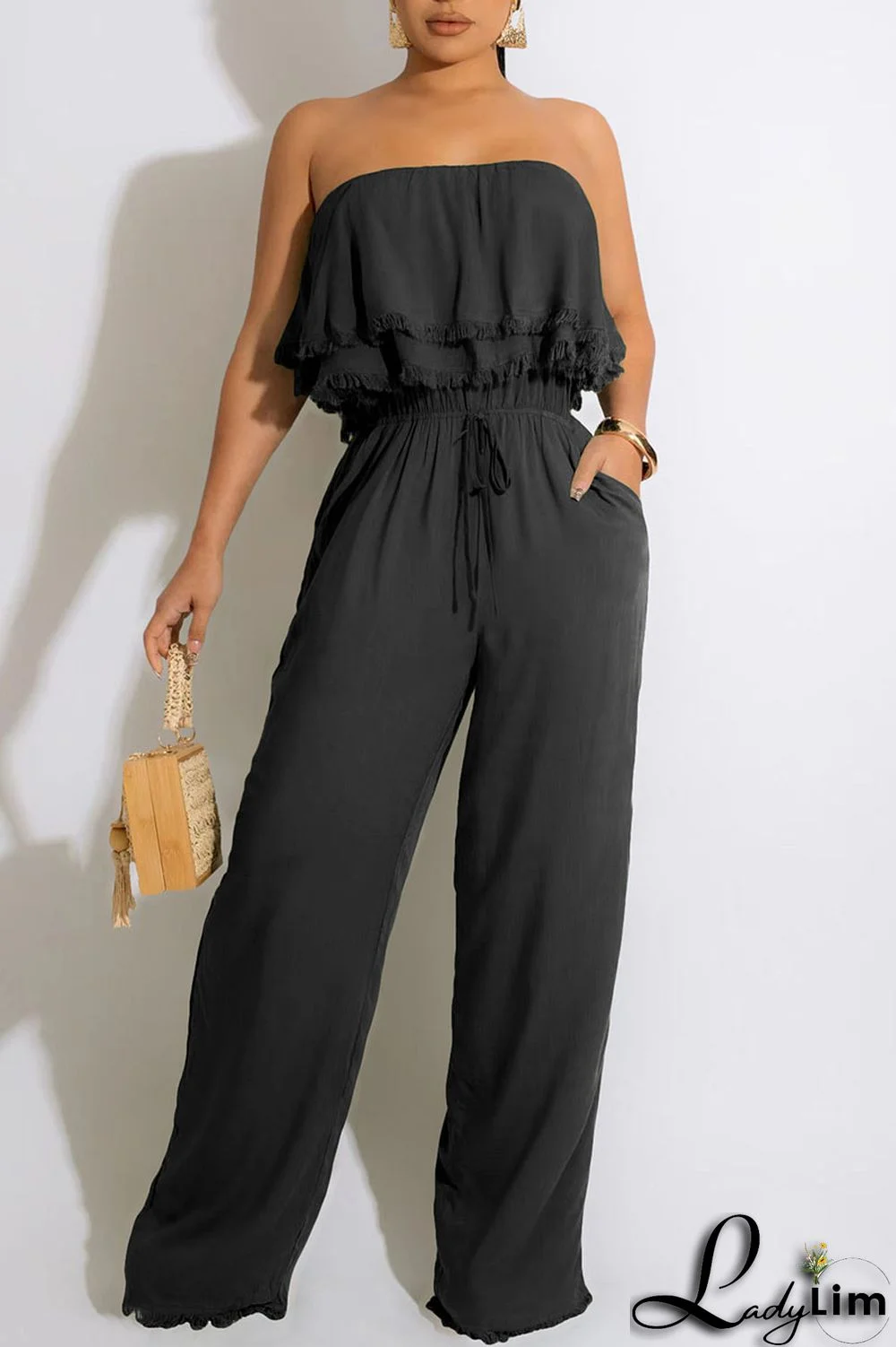 Black Casual Solid Patchwork Strapless Straight Jumpsuits