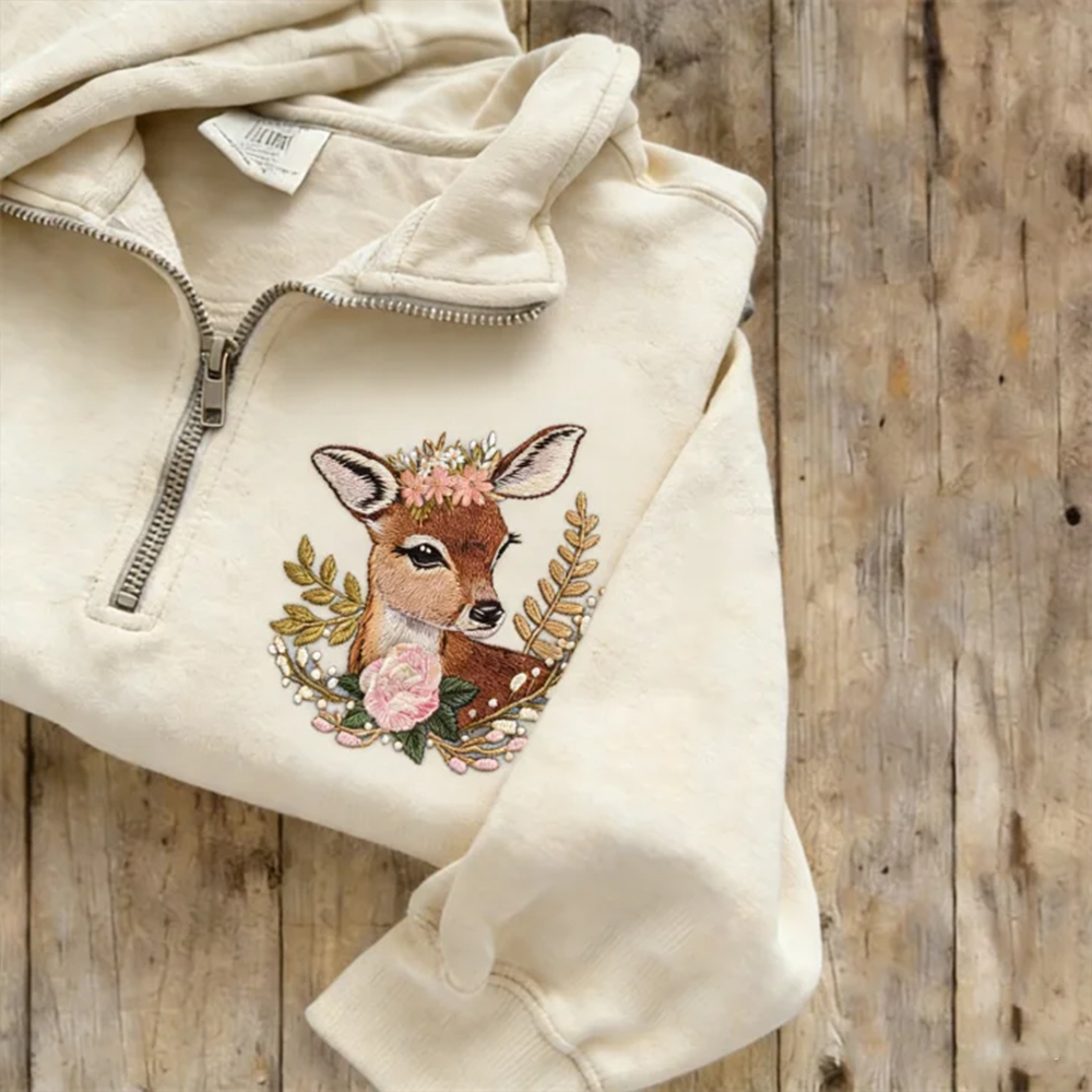 Deer And Floral Zipper Sweatshirt wearshes