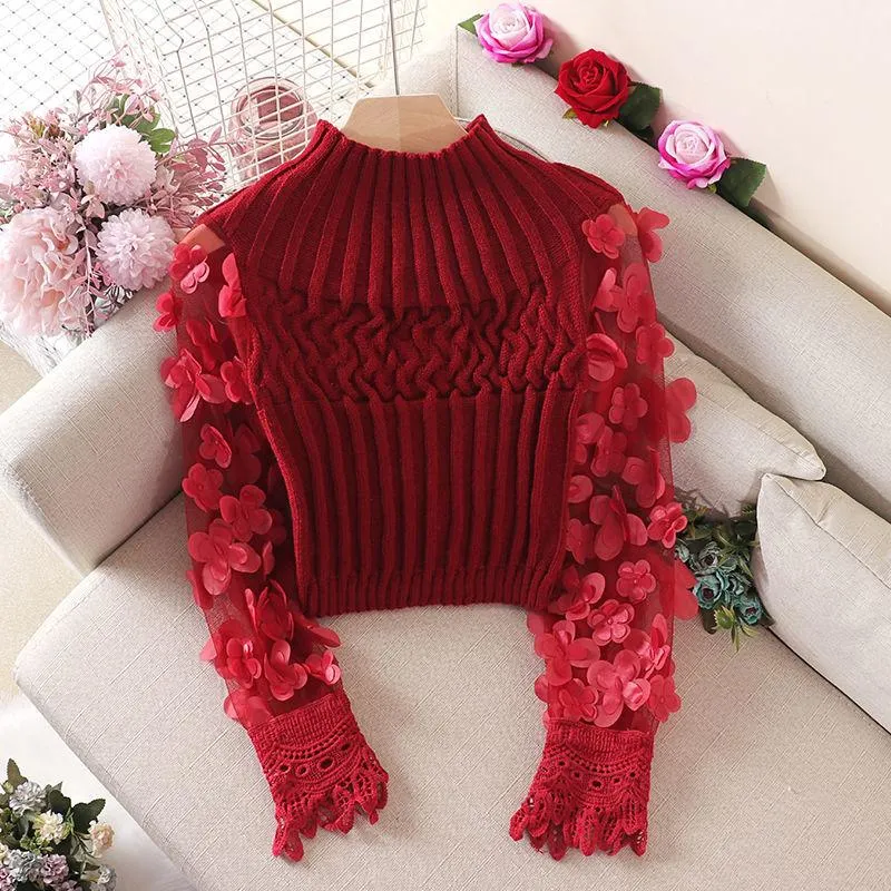 Fairy Flower Puff Sleeve Women Sweater Slim Short Style Patchwork Round Neck Knitting Female Sweaters