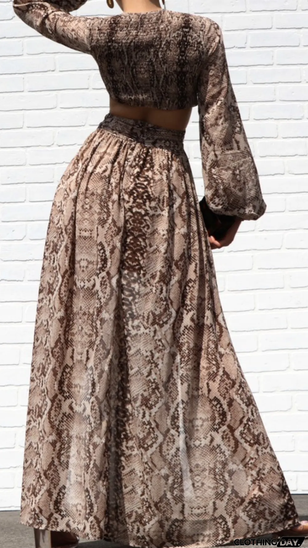 Autumn Formal Snake Skin V-Neck Long Sleeve Maxi Dress
