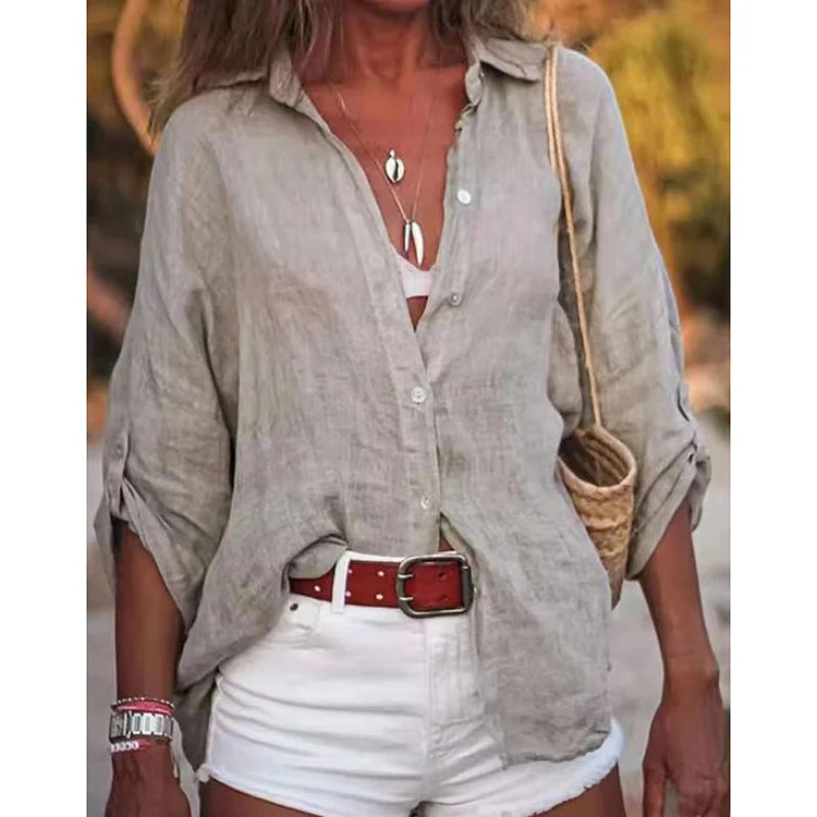 VChics Casual Buttoned Long Sleeve Grey Blouse