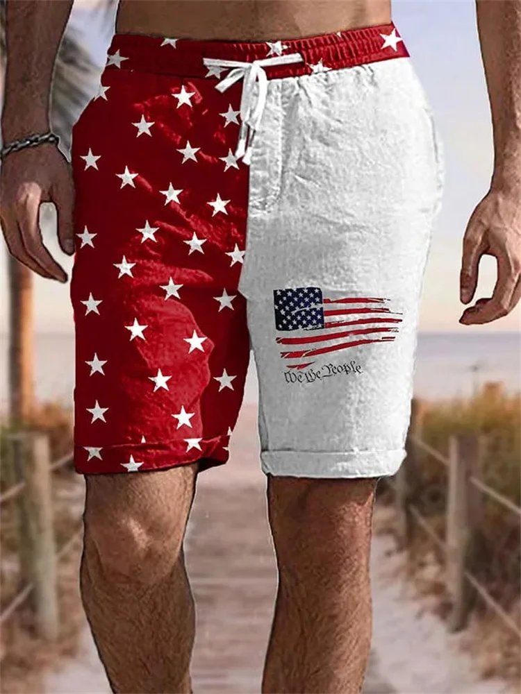 Men's Red Star Independence Day Print Casual Shorts