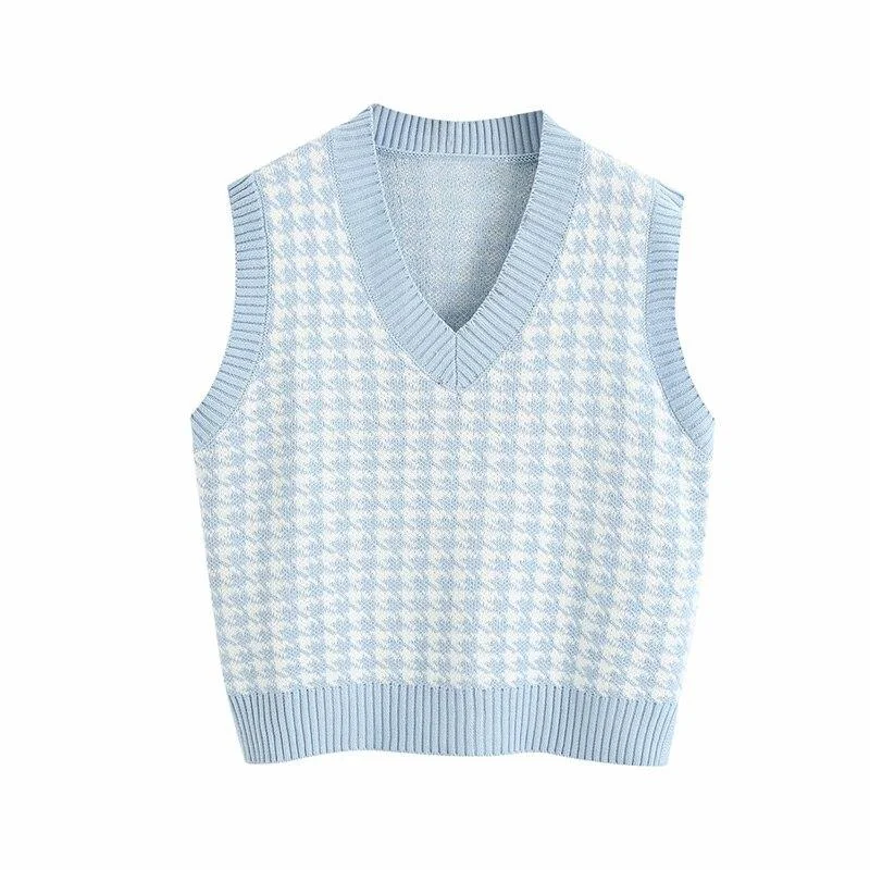 Women  Fashion Plaid Casual Loose Knitted Vest Sweater V Neck Sleeveless Elegant Female Waistcoat Office Ladies Chic Tops