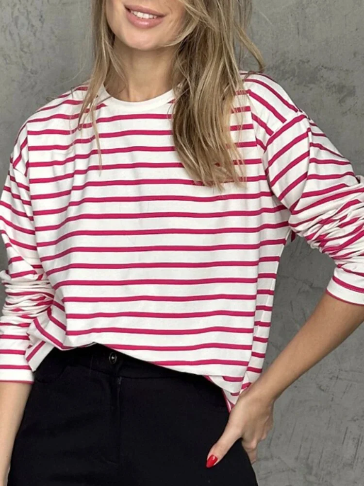 Mongw Sleeved T Shirts Women Striped Spring Cotton Tees Female Streetwear O-Neck Casual Oversized T Shirt for Women Crop Tops