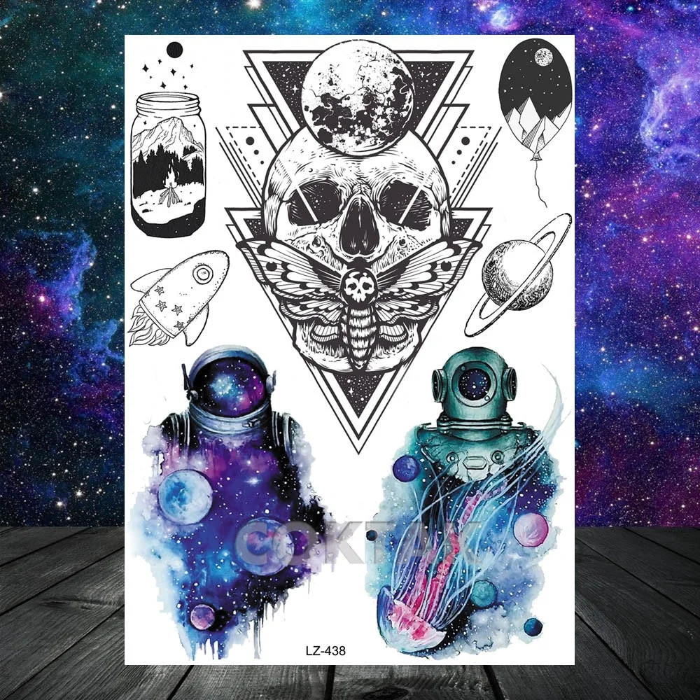 Geometric Skull Temporary Tattoos For Men Women Realistic Fake Wolf Gangster Tattoos Sticker Outer Space Planets Tatoos Washable