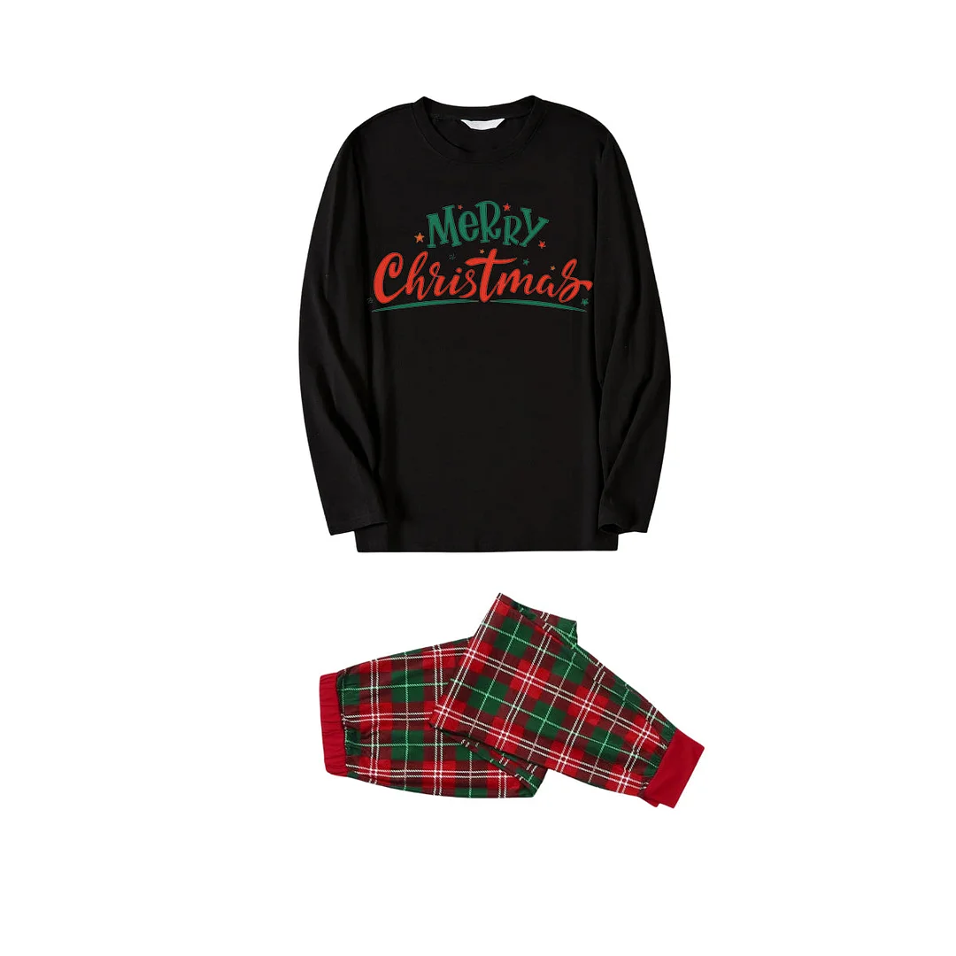 "Merry Christmas" Surrounded By Stars - Black Top with Red & Green Plaid Pants Family Matching Pajama
