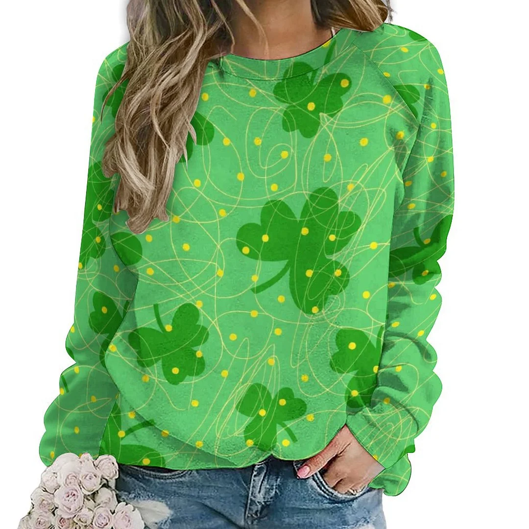 Printed Long Sleeve Casual Sweatshirt for  Women and Men Unisex Pattern St. Patrick's Day, Green, Clover, Lucky